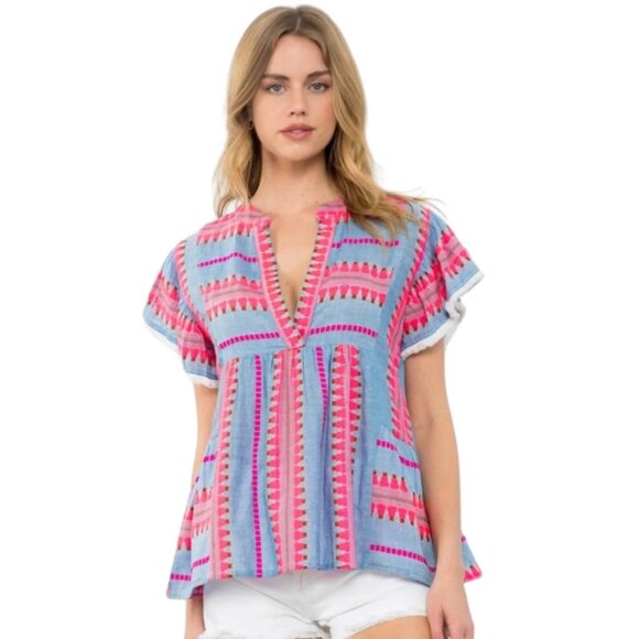 THML Boho Denim Chambray Flutter Sleeve Embroidered Top - Picture 2 of 12